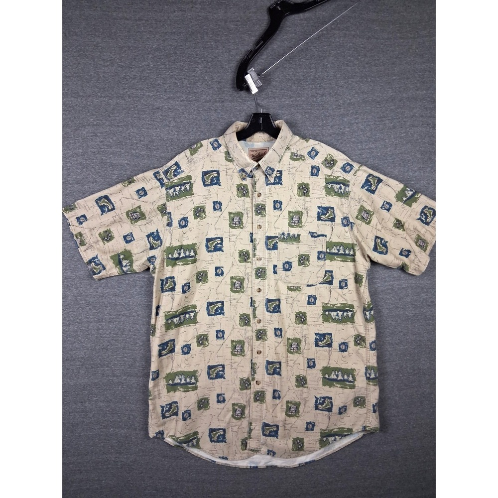 Woolrich Mens Shirt XL Tall Tan Explorer Theme Print Outdoor Gorp Hiking Camping - Picture 2 of 7